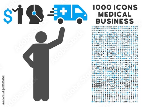 Assurance Pose icon with 1000 medical business gray and blue vector pictographs. Set style is flat bicolor symbols, white background.