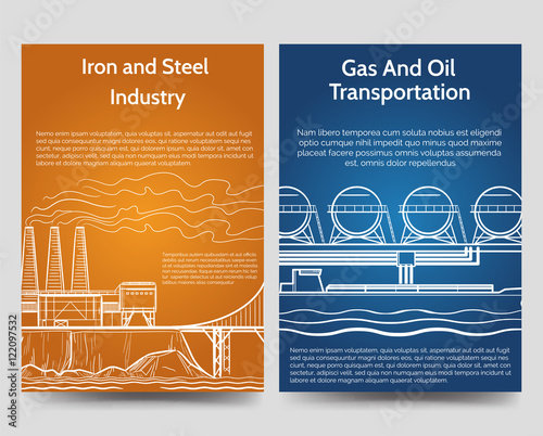 Industrial brochure flyers template with gas oil transportation and steel and iron industry. Vector illustration