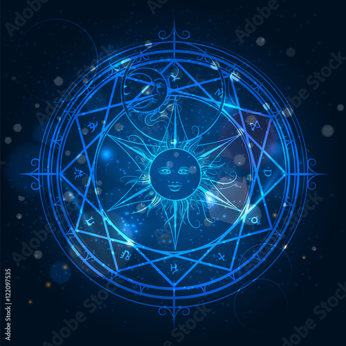 Alchemy magic circle on shining blue background. Vector illustration