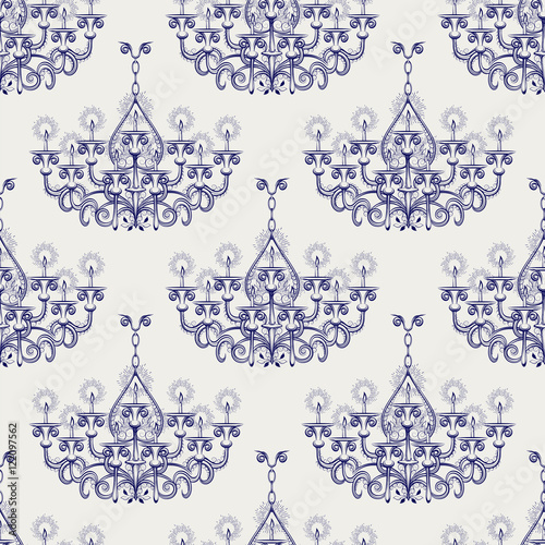 Antique gothic chandeliar seamless pattern in ball pen imitation style vector illustration
