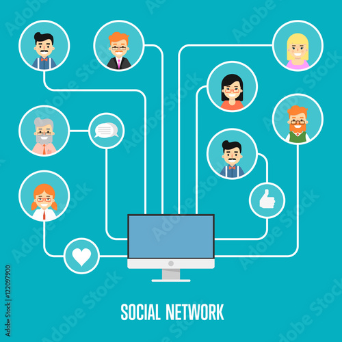 Round people icons connected with laptop. Social network banner on blue background, vector illustration. Smiling cartoon characters. Connecting people, social networking. Teamwork concept.