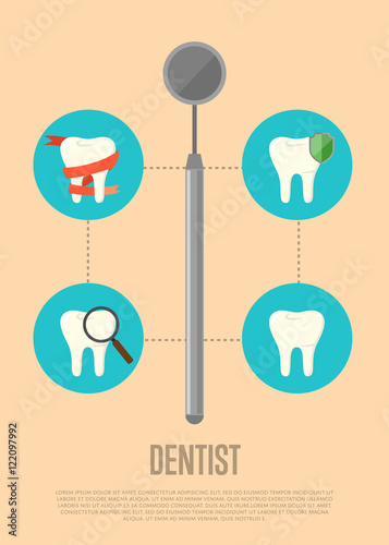 Dentist banner with dental mirror and teeth symbols. Dentistry vector illustration. Dental treatment concept. Tooth care and restoration, stomatology, orthodontics. Oral health care. Dentist office