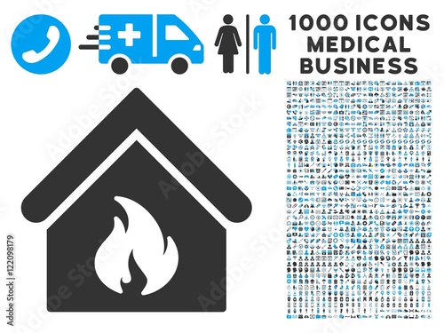 Building Fire icon with 1000 medical commerce gray and blue vector pictograms. Clipart style is flat bicolor symbols, white background.