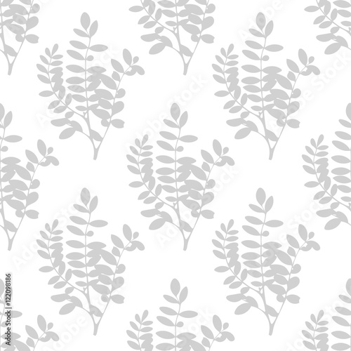 Gray on white seamless pattern with realistic tree leaves and branches. Floral background, wrapping paper, wallpaper, fabric, web. Vector illustration.