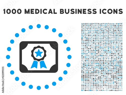 Certificate icon with 1000 medical commercial gray and blue vector pictograms. Clipart style is flat bicolor symbols, white background.