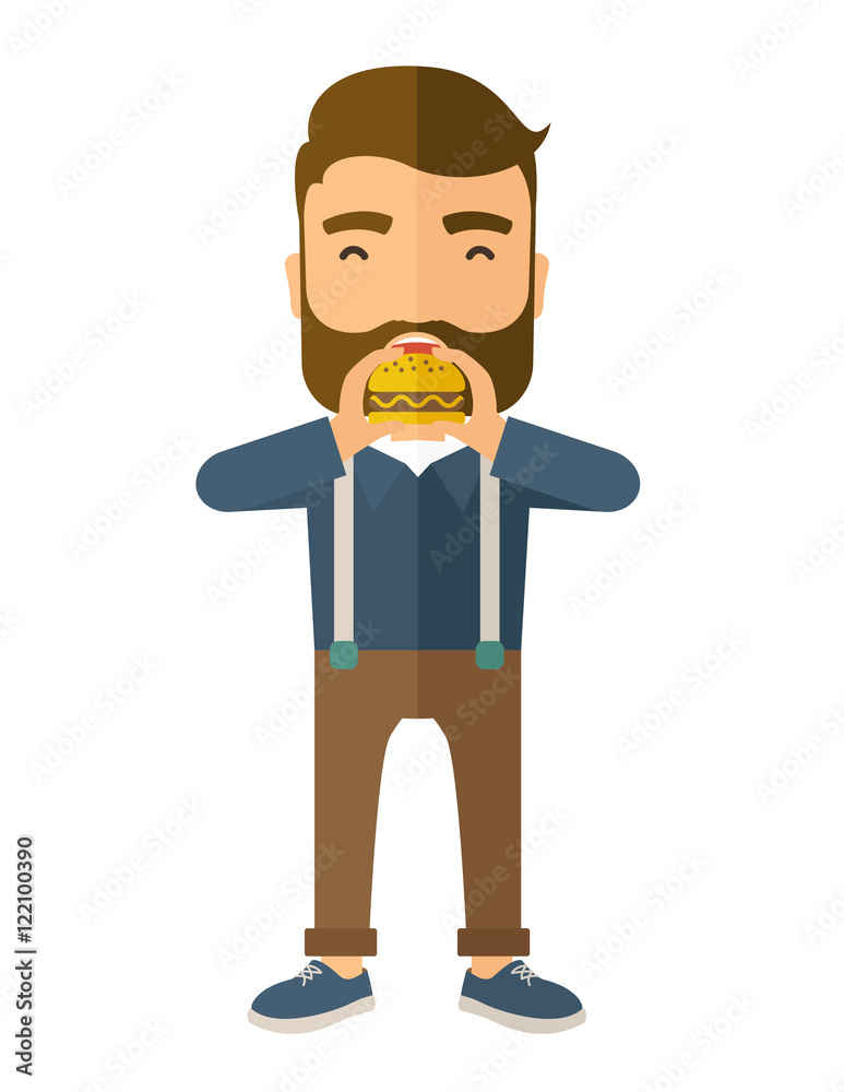 Man happy eating hamburger.