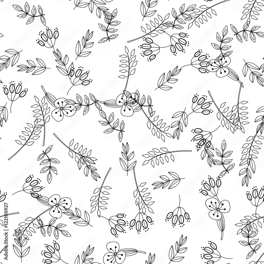 Fototapeta premium Black and white floral seamless pattern with flowers, leaves.