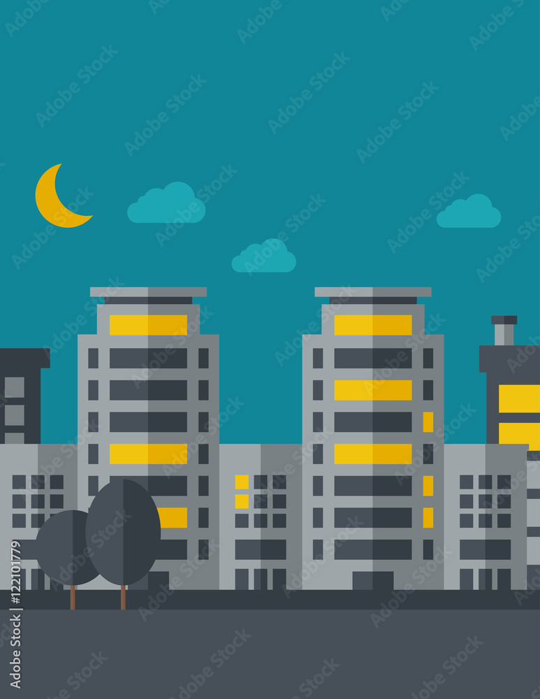 Obraz premium Night scenery of building city with moon