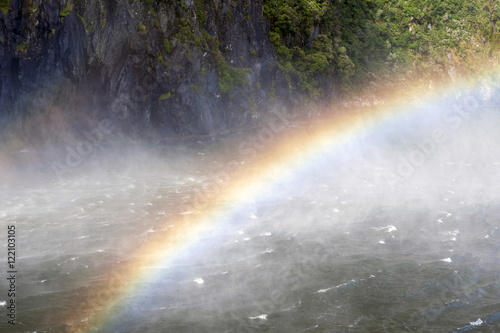 Rainbows over Stirling Falls   Milford Sound  Fiordland  South Island of New Zealand