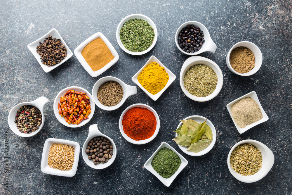 Various dried herbs and spices.