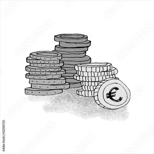 Münzen Geld Geldstapel - gezeichnet gemalt illustriert - Element für Dozenten Prospekte - grau schwarz weiß