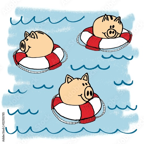 Sparschweine schwimmen mit Rettungsreifen im Wasser - Geld retten gerettet - Zeichnung Illustration gemalt - für Lehrer Trainer Dozenten