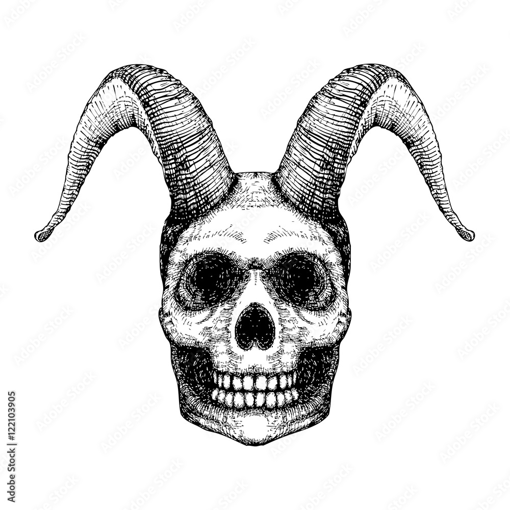 Grunge style art of human skull with goat horns. Print design. Demon Head.  A demon, supernatural, malevolent. Witchcraft, black magic, occultism,  mythology and folklore, religion attribute. Vector. vector de Stock | Adobe