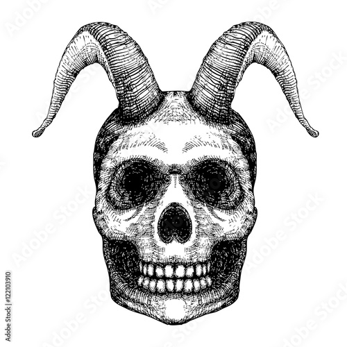Grunge style art of human skull with goat horns. Print design. Demon Head. A demon,  supernatural, malevolent. Witchcraft, black magic, occultism, mythology and folklore, religion attribute. Vector.