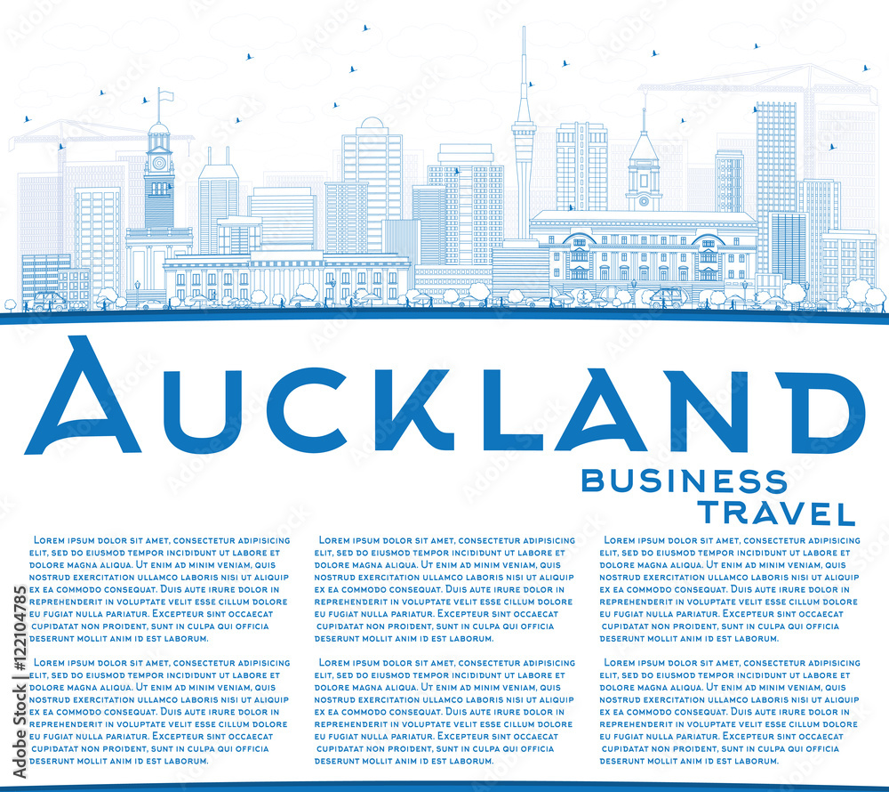 Outline Auckland Skyline with Blue Buildings and Copy Space.