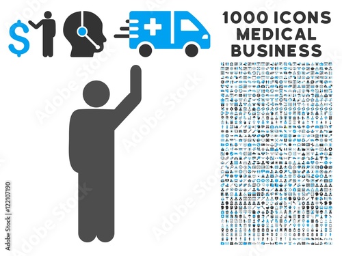 Hitchhike Pose icon with 1000 medical commercial gray and blue vector design elements. Set style is flat bicolor symbols, white background.