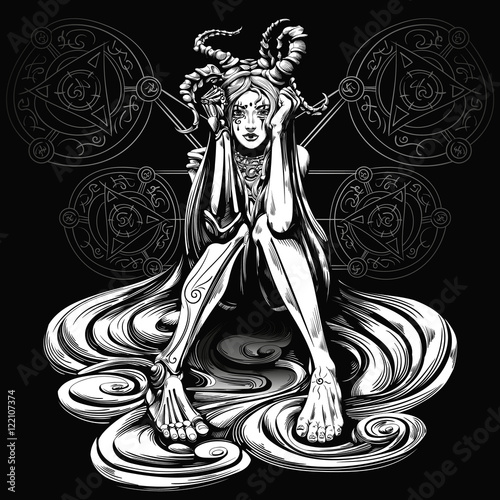 demon girl sitting in the dark, characters have no meaning, it is simply squiggles