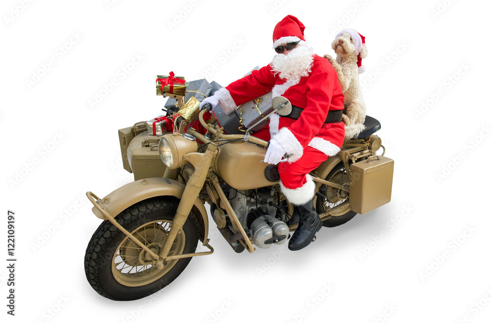 Nikolaus mit Hund auf Motorrad bringt Geschenke Stock Photo | Adobe Stock