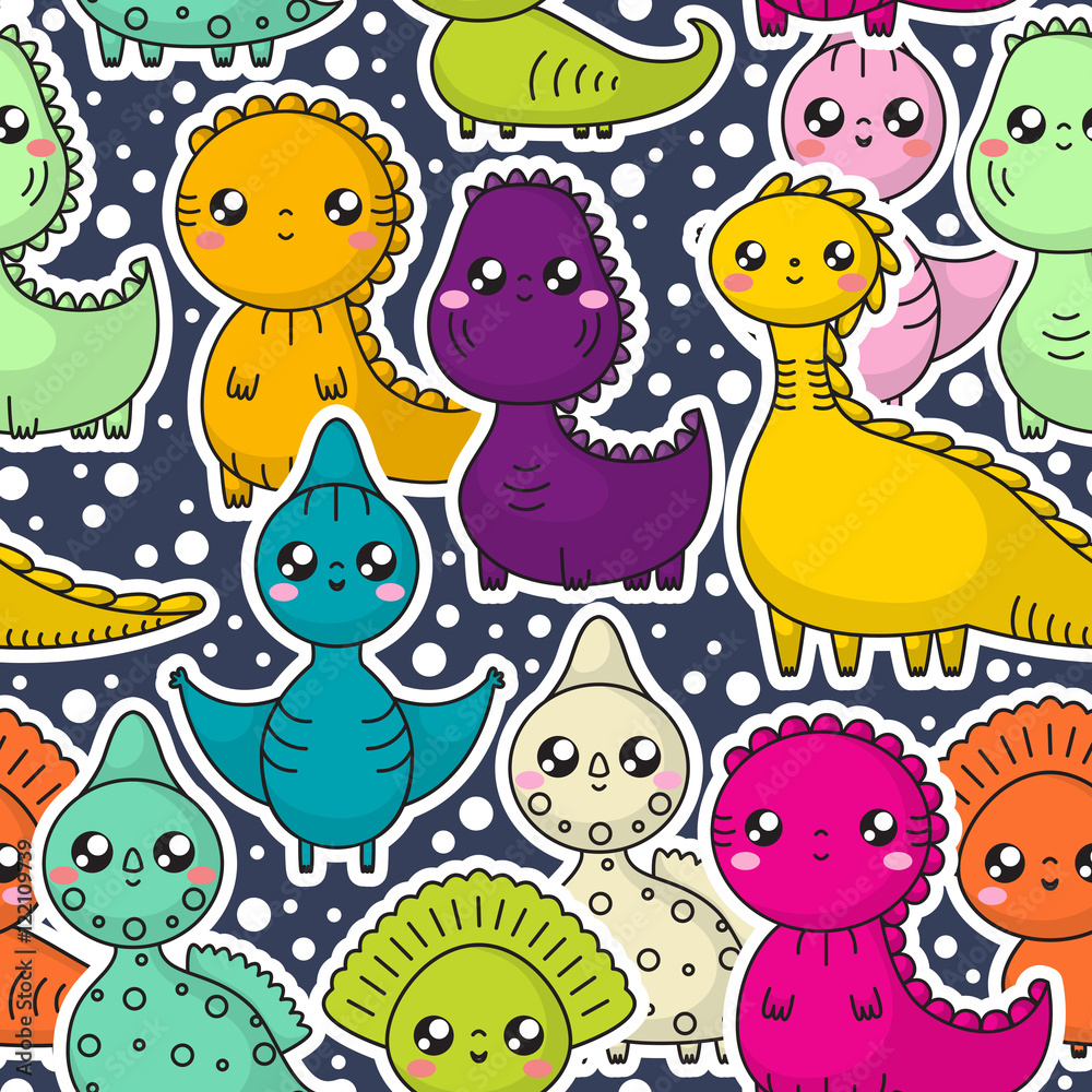 Naklejka premium Bezszwowy wzór z kawaii dinosaurami. Bohaterowie kreskówek. Ilustracji wektorowych