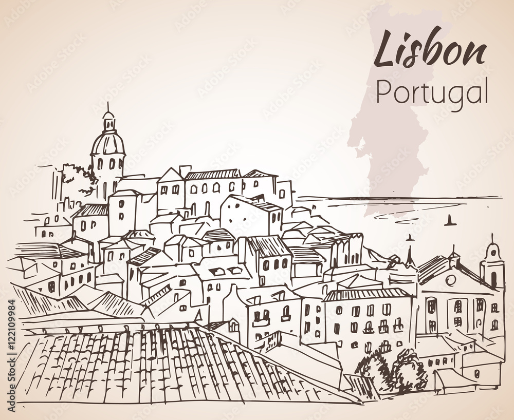 Lisbon cityscape - hand drawn sketch. Isolated on white backgrou