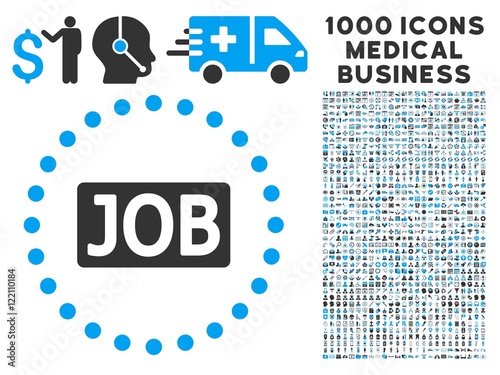 Job Text icon with 1000 medical business gray and blue vector pictograms. Design style is flat bicolor symbols, white background.