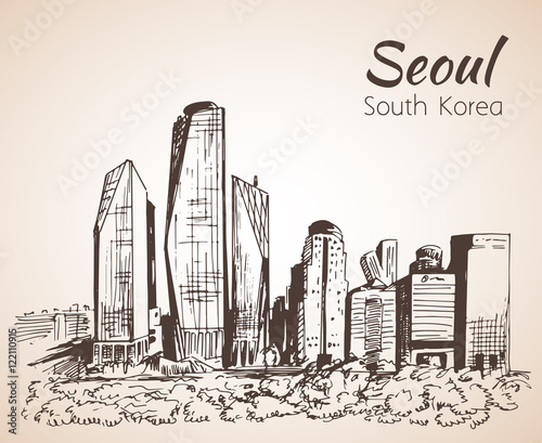 Seoul cityscape, hand drawn - South Korea. Sketch