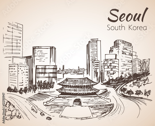 Namdaemun, the Sungnyemun - Seoul cityscape, hand drawn. South K