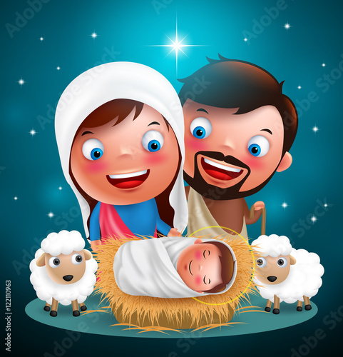 Holy night when jesus born in manger with joseph and mary vector characters for christmas holiday design with stars in background. Vector illustration
