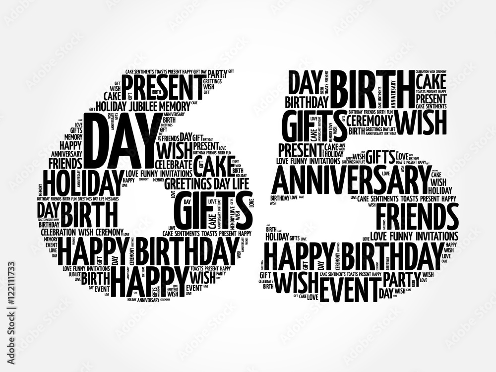 Happy 65th birthday word cloud collage concept