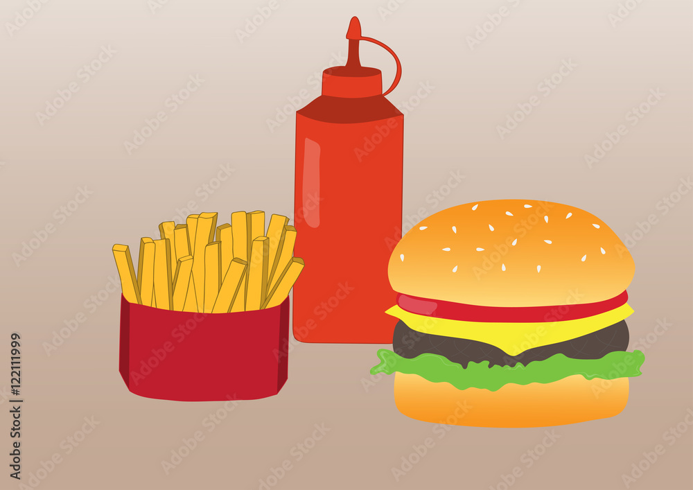 Simple illustration of french fries, burger and ketchup. Flat design. Vector poster of fast food Simple illustration of french fries, burger and ketchup. Flat design. Vector poster of fast food