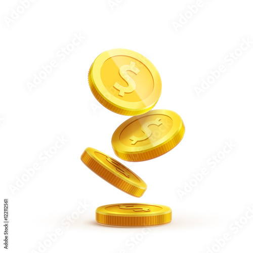 gold coins falling 3d realistic vector coin icon with shadows is