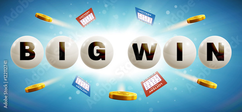 lottery balls isolated on blue glowing background with tickets a
