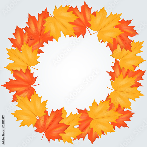 Red and Yellow Autumn Leaves Pattern Background with circle for your text. Square format. Vector Illustration isolated on white background.
