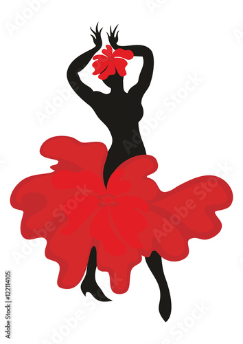 Beautiful graceful woman dancing Spanish dance flamenco. Black silhouette, the dress is styled in the shape of a red flower. Set.