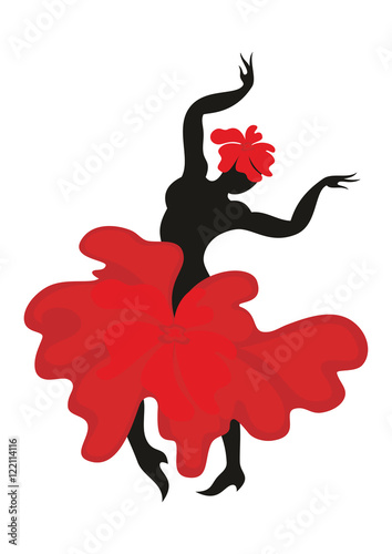 Beautiful graceful woman dancing Spanish dance flamenco. Black silhouette, the dress is styled in the shape of a red flower. Set.