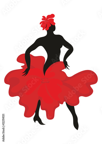 Beautiful graceful woman dancing Spanish dance flamenco. Black silhouette, the dress is styled in the shape of a red flower. Set.