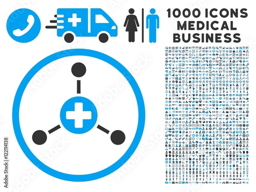 Medical Center icon with 1000 medical commerce gray and blue vector pictograms. Collection style is flat bicolor symbols, white background.