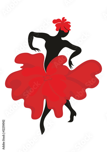 Beautiful graceful woman dancing Spanish dance flamenco. Black silhouette, the dress is styled in the shape of a red flower. Set.