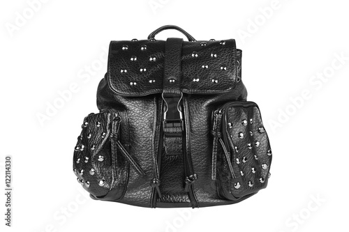 luxury leather black bag with clip lock, diamond studs and dual