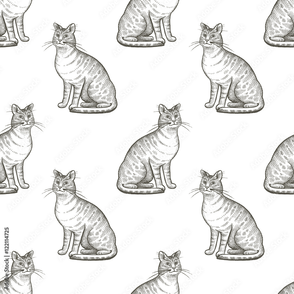 Cats. Seamless vector pattern. Black and white illustration.