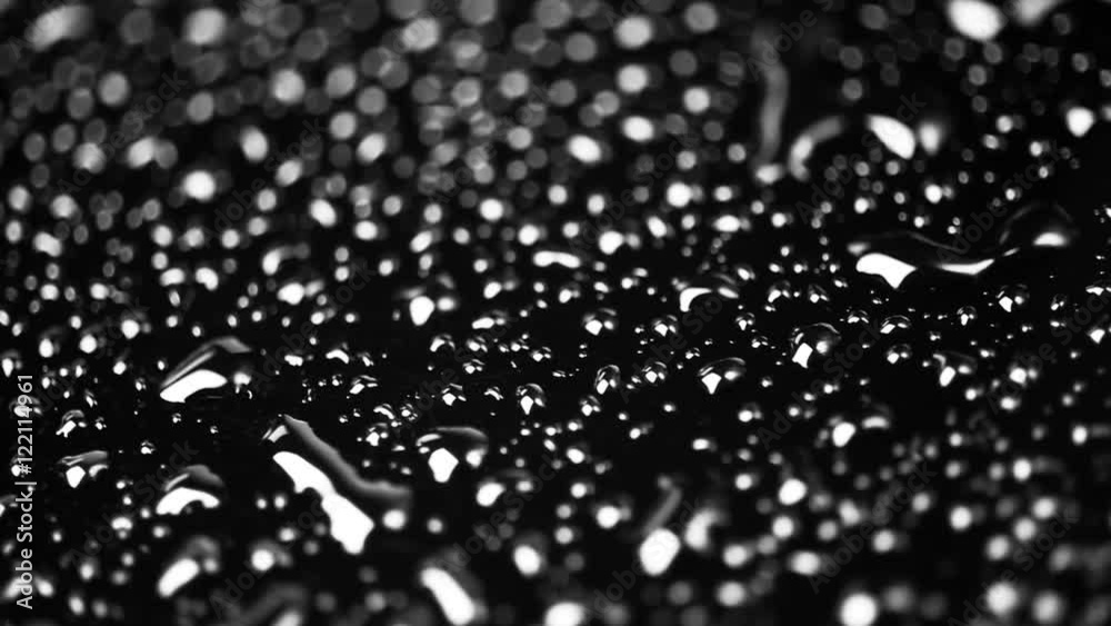 An extreme close up of rotating water droplets on a black surface using a very shallow depth of field. HD 1080.