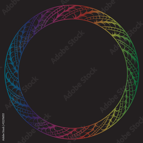 drawing of a round multi-colored gradient frame  with floral ornament on a black background