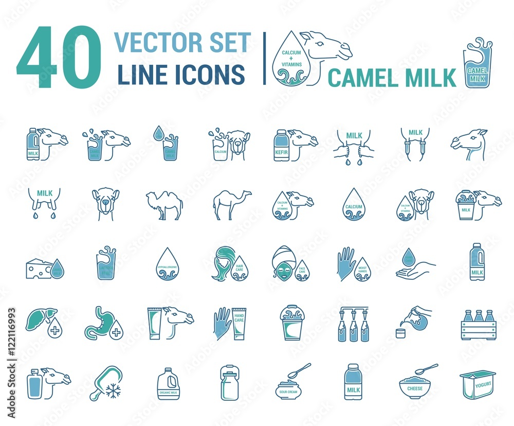 Set vector icon graphic thin outline in a linear design. Element emblem symbols. camel's milk. Organic product. Milk cosmetics for hand care, hair care, treatment liver and body