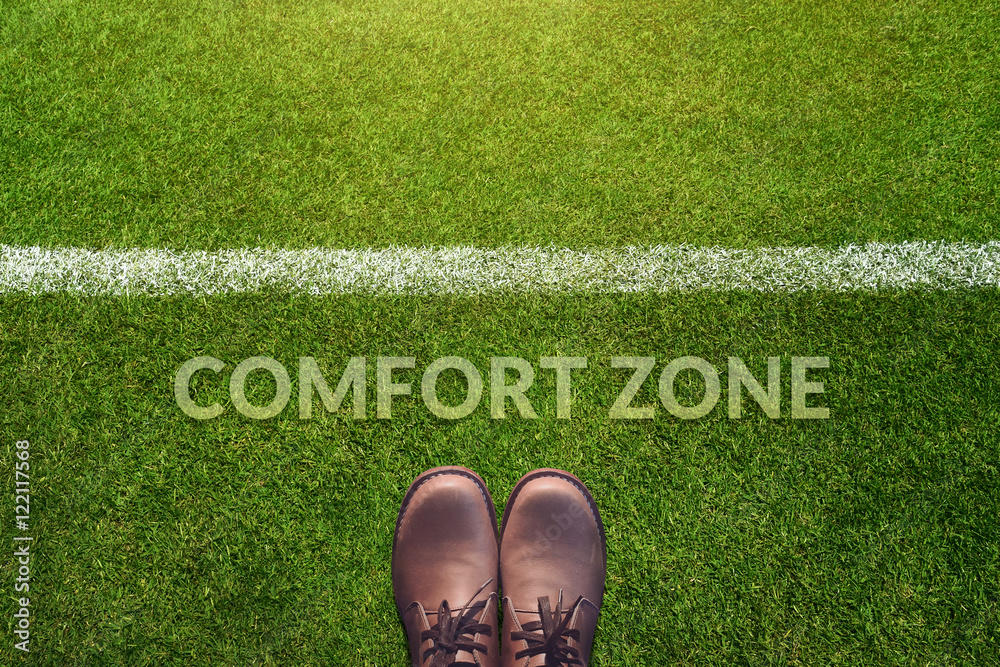 Comfort Zone Concept, Male with Leather Shoes Standing behind a line on  Green Grass Field with word : Comfort Zone, Top view Stock Photo | Adobe  Stock