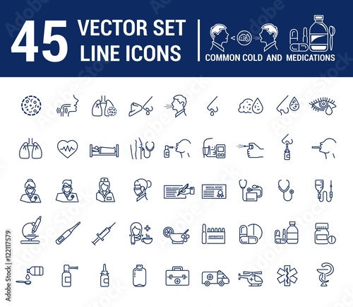 Vector graphic set in linear design. symbol and element. ?ommon cold. Symptoms. Medicaments tablets, antibiotics, treatment and prevention of disease. Doctor, nurse, stethoscope, blood pressure cuff.