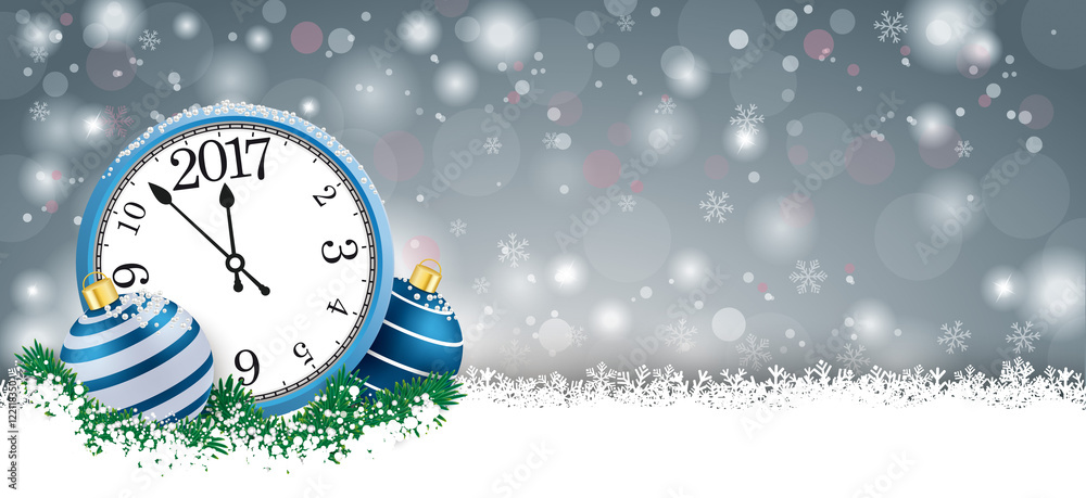 Long Grey Christmas Card Blue Baubles Clock 2017