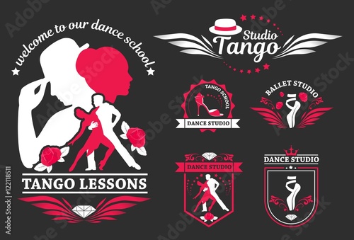 Set logo of dancing couple. Dancer tango illustrations. Dancing people set. The character set for tango. Use for tango studio poster, flayer, web-sites. Tango inscription.