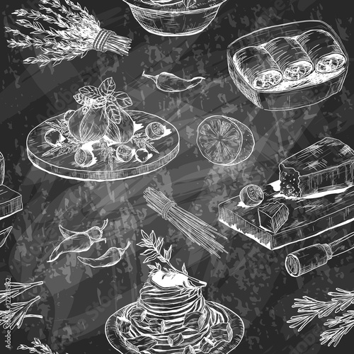 Seamless Menu pattern with Italian meal, herbs and spices