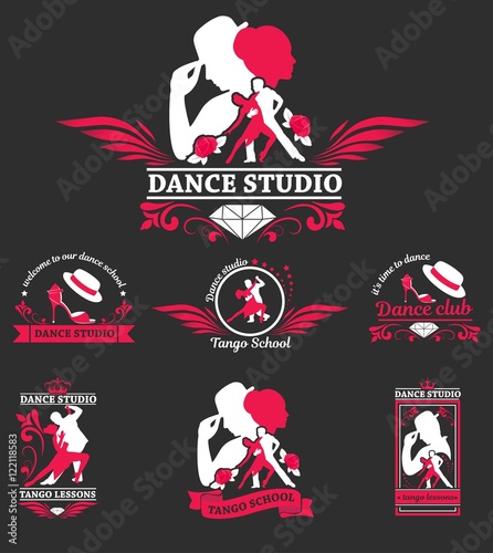 Set logo of dancing couple. Dancer tango illustrations. Dancing people set. The character set for tango. Use for tango studio poster, flayer, web-sites. Tango inscription.