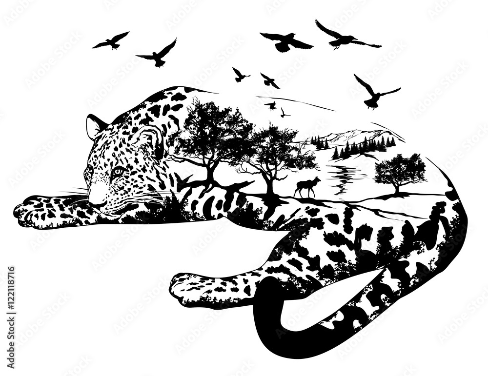 Naklejka premium Vector Double exposure, Hand drawn jaguar